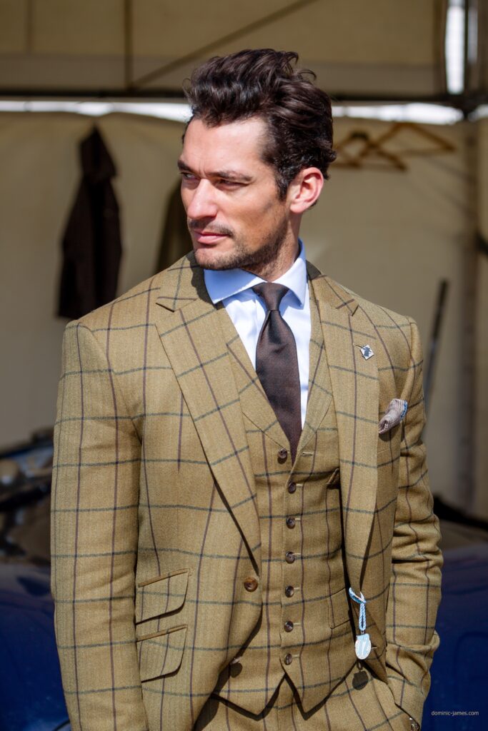 David Gandy wearing a beige check 3 piece suit